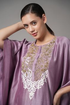 Purple chanderi kaftan with placed sequin and bead embroidered floral paisley motifs. Comes with pant. - Aza Fashions Eid Kaftan With Zari Work, Kaftan Embroidery Design, Kaftan Embroidery, Creative Dress, Embroidered Kaftan, Paisley Motifs, Kaftan Designs, Pant For Women, Pant Women