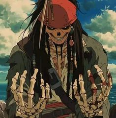 a cartoon character with dreadlocks and a pirate hat holding his hands up in front of him