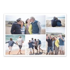 a collage of people standing on the beach with their arms around each other and kissing