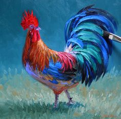 a painting of a rooster standing on top of a grass covered field with blue sky in the background