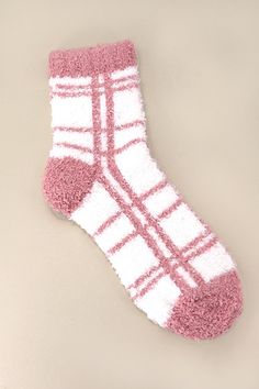 These soft fluffy socks are designed to provide maximum comfort, with a soft and fluffy material that feels gentle against your skin. Made from soft coral fleece material, these socks offer luxurious comfort with a playful twist. Adorned with charming fruit and plaid designs. The socks are also designed to be lightweight and flexible, which allows you to move your feet freely without feeling constrained. You can wear with PJ or lounge wear. One Size Fits Allyarn: coral fleecematerial: polyester/ Super Soft Pink Socks For Indoor Use, Soft Pink Indoor Socks, Super Soft Pink Socks, Soft Pink Socks, Fluffy Socks, Fuzzy Socks, Steel Necklace, Sunglass Chain, Soft Corals