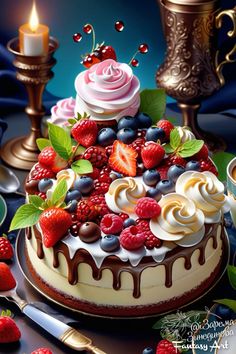 a cake with berries, raspberries and whipped cream on top is surrounded by other desserts