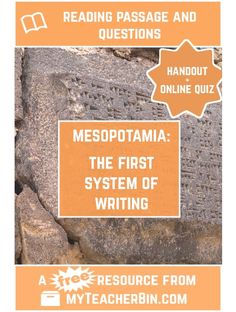 an orange and white poster with the words mesopoptamia, the first system of writing