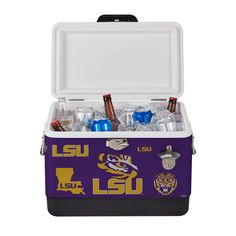 the lsu tigers cooler is full of bottles and glasses for drinks to go with it