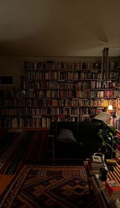 a living room filled with lots of books on top of a book shelf next to a couch