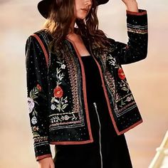 Long Sleeve Floral Embroidered Cardigan For Spring, Spring Floral Embroidered Long Sleeve Cardigan, Elegant Multicolor Embroidered Long Sleeve Outerwear, Elegant Multicolor Embroidered Outerwear, Elegant Long Sleeve Outerwear With Multicolor Embroidery, Casual Fall Outerwear With Geometric Embroidery, Long Sleeve Outerwear With Floral Embroidery For Fall, Fitted Long Sleeve Cardigan With Floral Embroidery, Black Embroidered Long Sleeve Cardigan