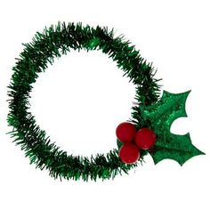 a green christmas wreath with red balls and holly leaves on it's side, isolated against a white background