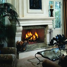 a living room filled with furniture and a fire place in the middle of the room