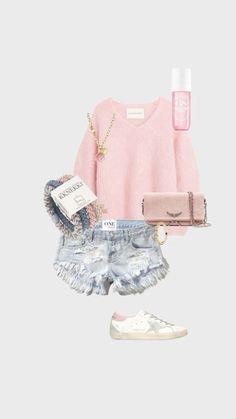 a pink sweater, jeans shorts and white sneakers