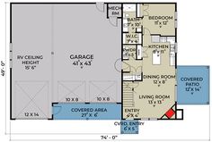 the first floor plan for a house with an attached garage and living room, as well as