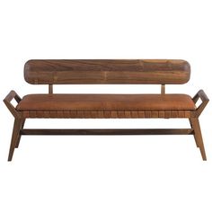 a wooden bench sitting on top of a white floor next to a brown leather seat