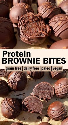 chocolate brownie bites are stacked on top of each other with the words protein brownie bites