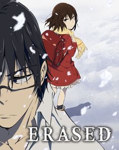 an anime movie with two people standing next to each other and snow falling on the ground