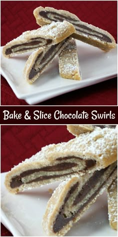 two pictures of different types of chocolate swirls on white plates with red table cloth