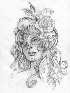 a drawing of a woman with flowers on her head and face, in black and white