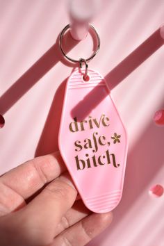 Our Drive safe, b*tch motel keychain is a must have and perfect to gift for bestie's for their birthday, holidays, bridesmaid proposal box, or a just because!  - motel keychain 3.54x1.77 - customized with permanent vinyl Car Things, Market Ideas, Salem Ma, Cricut Craft, Proposal Box, Sticker Ideas