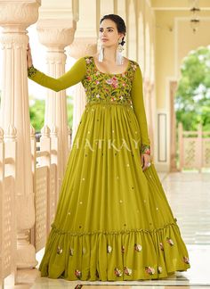 Buy Gown In USA | Light Green Multi Embroidered Flared Anarkali Gown At Hatkay Shop Indian Suits In UK, Canada, Germany, Mauritius, Singapore With Free Shipping Worldwide. Traditional Embroidered Maxi Dress For Diwali, Traditional Resham Embroidery Semi-stitched Maxi Dress, Semi-stitched Anarkali Gown With Resham Embroidery, Anarkali Gown With Resham Embroidery Semi-stitched, Traditional Maxi Dress With Resham Embroidery For Festive Occasions, Floor-length Gown With Dori Work For Diwali, Traditional Resham Embroidery Maxi Dress For Festive Occasions, Traditional Maxi Dress With Resham Embroidery For Festive Season, Traditional Resham Embroidery Maxi Dress For Festive Season