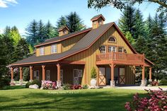 this is an artist's rendering of a barn style house with porches and balconies