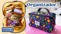 an open bag with various items in it and the words organizador above it