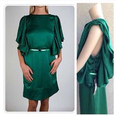 Brand New Elegant Afternoon Dress In Green Shiny Silk Submarine Neckline, Very Decorative And Pleated Flutter Sleeves, Slim Top, Delicate Waist Belt, Slim Pencil Skirt In Classic Knee Length. This Dress Convinces With Its Flattering Color And 1980's Cut Which Is Modern And Elegant. Material: 100% Silk Chic Green Dress With Butterfly Sleeves, Green Fitted Mini Dress With Ruffle Sleeves, Silk Flutter Sleeve Fitted Dress, Green Flutter Sleeve Evening Dress, Fitted Silk Dress With Flutter Sleeves, Mint Dresses, Afternoon Dress, Mint Dress, Flutter Sleeves