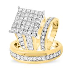 two gold rings with white diamonds on top and bottom, set in 18k yellow gold