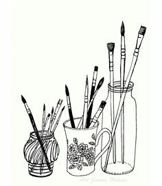 black and white drawing of pencils in a glass cup with brushes inside the jar