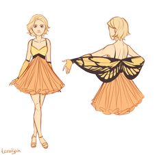 a woman in an orange dress with a butterfly on it's back and wings