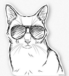 a cat with sunglasses on it's face, drawn in black and white ink