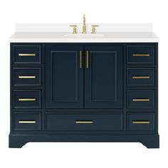 an image of a bathroom vanity with gold handles and white counter top on the side