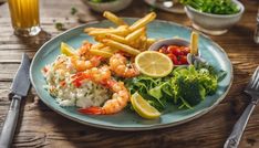 a blue plate topped with shrimp, rice and veggies next to silverware