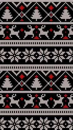 a black and white knitted pattern with red accents