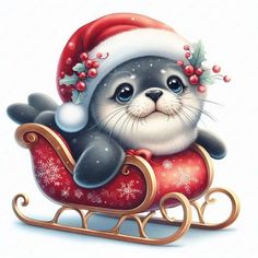 a seal in a santa hat is riding on a sleigh