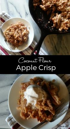 an apple crisp is served in a cast iron skillet