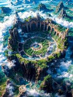 an aerial view of the wizard's castle in the middle of the sky, surrounded by clouds