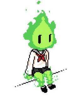 an image of a pixel art character with green hair and red tie sitting on the ground