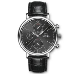 From IWC, the Portofino Chronograph takes its design cues from the 1960s, with elegantly sporty push-buttons and chronograph displays. The stainless-steel chronograph with a black dial has a convex sapphire glass and rhodium-plated appliques. It is powered by the tried and tested self-winding 75320 calibre with its 44-hour power reserve and comes with a black alligator leather strap. Case: Stainless steel case Diameter 42.0 mm Height 13.6 mm Water resistance 3 bar Movement: 75320 Calibre Automat Iwc Schaffhausen, Black Alligator, Mens Chronograph, Fine Watches, The 1960s, Watch Collection, Black Watch, Chronograph Watch, Harrods