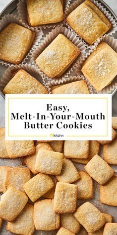 easy melt - in - your - mouth butter cookies on a baking sheet with the title overlay