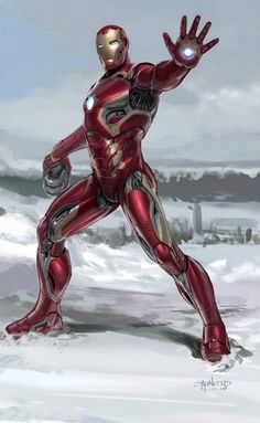 a drawing of iron man in the snow with his hand out to grab something up