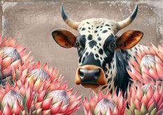 a painting of a cow surrounded by flowers