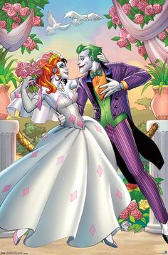 the joker and his bride are dressed up as they dance together in front of flowers