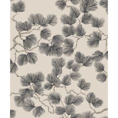 a wallpaper with black and white pine branches on it's side, against a beige background