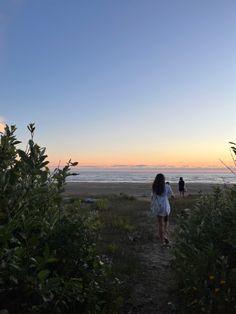 two people walking down a dirt path towards the ocean at sunset or dawn with trees and bushes in foreground