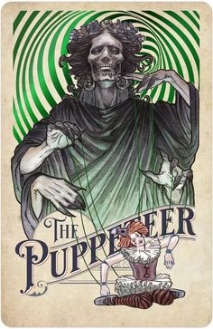 the puppeter poster with an image of a skeleton holding a woman's head