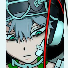 an anime character with green eyes wearing headphones and holding a red object in her hand