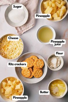 the ingredients to make cheese crackers are shown in bowls