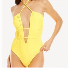 Ramy Brook Marta One-Piece Swimsuit Plunging Neckline Color Sunflower Size Xxs New With Tags Msrp $228 Marta One-Piece In Sunflower With Strappy Plunging Neckline And Tassel Accents Self-Tie Neck Closure Full Seat Coverage Self - 82% Nylon, 18% Spandex Lining - 92% Polyester, 8% Spandex Please See Pictures For Sizing Brooks One Piece, Black Halter, Ramy Brook, Green Swimsuit, Halter One Piece Swimsuit, Swimsuits Halter, Pink Swimsuit, Swimsuit Set, Black Sparkle