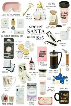 a poster with many different items on it and the words secret santa under $ 25