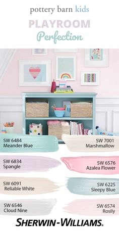 an advertisement for pottery barn kids's playroom perfection, including shelves and drawers