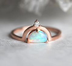 Half Moon Engagement Ring, Moon Engagement Ring, Chakra Ring, Modern Diamond Rings, Rose Gold Opal Ring, Australian Opal Ring, Unique Opal, Opal Ring Gold, Opal Engagement