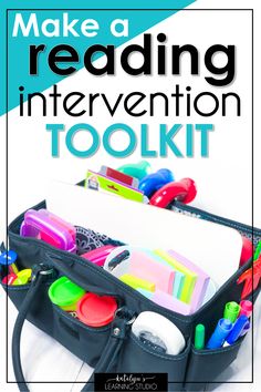 a bag filled with school supplies and the words make a reading invention tool kit on it